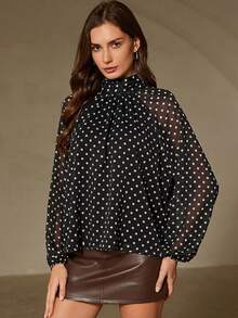 Aveloria Rosie 立领长袖衬衫，蝴蝶结袖口，波点内衬 - 黑色 - 查看 6