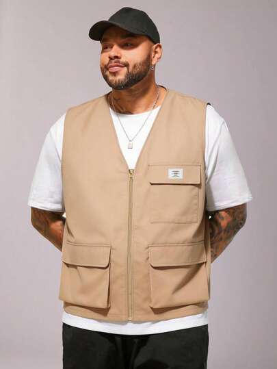 EASEVO Chaleco casual con bolsillo con cremallera y cuello en V para hombres de talla grande