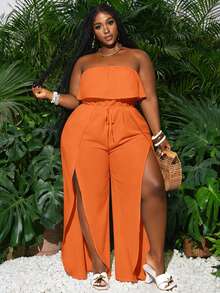 SHEIN CURVE+ Bộ áo liền quần dáng suông xẻ tà, màu trơn, không dây đeo vai, dành cho nữ, cỡ lớn. - trái cam - Xem 6