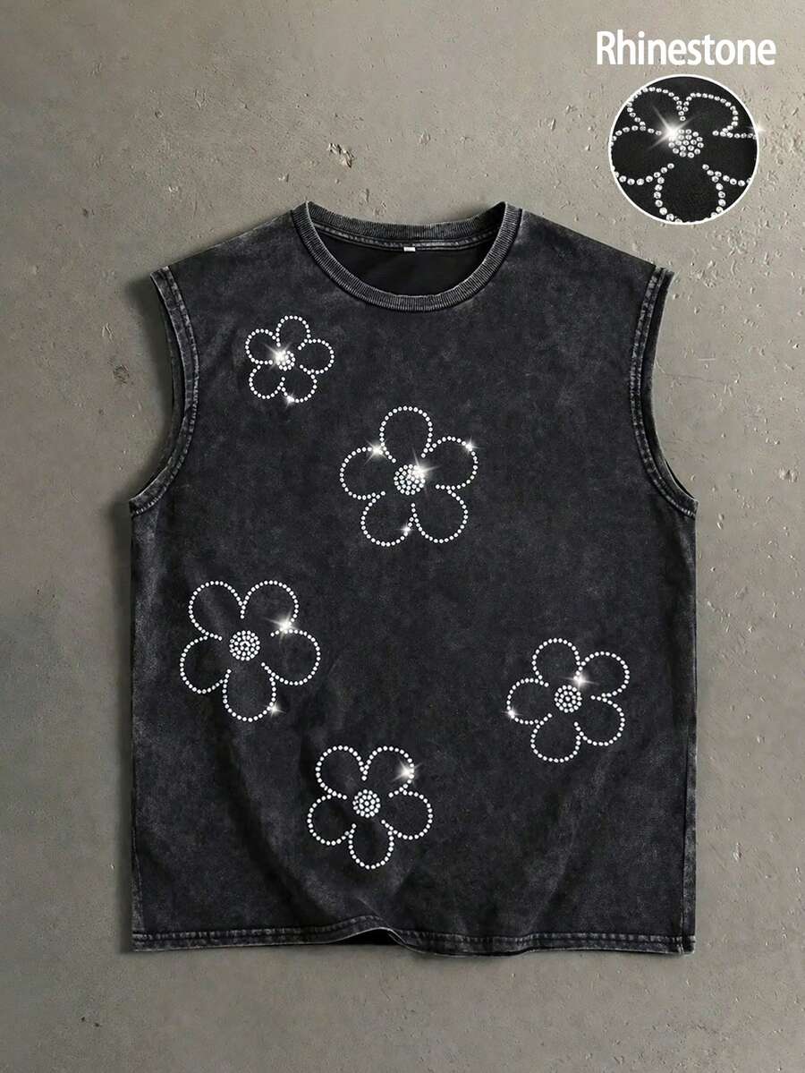 Manfinity Homme Áo tank top nam phong cách đường phố retro họa tiết hoa đính đá giả, áo vest dự lễ hội âm nhạc. - màu đen - Xem 1