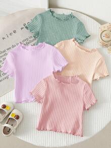 SHEIN Baby Girl Summer Cute Knit Ribbed Solid Color Wavy Edge Short Sleeve Top 4pcs Set - Multicolor - View 3