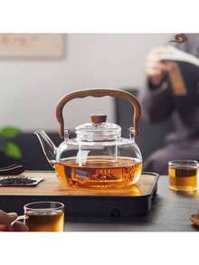 1pc High Borosilicate Glass Teapot, Heat-Resistant Glass Kettle With Walnut Wood Handle, Includes Glass Filter, Suitable For Home And Office Use, Great Gift For Parents And Friends - Multicolor - View 10