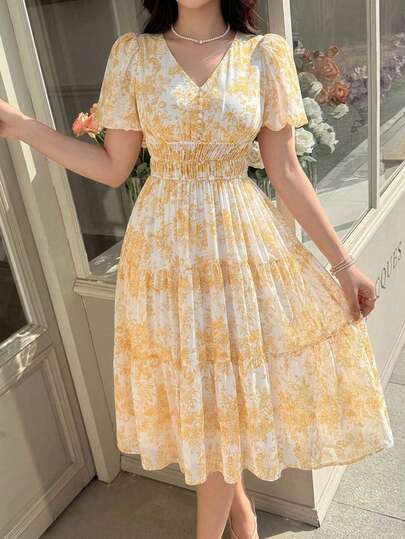 Feyla Butter Yellow Floral Print Smocked Waist Midi Dress, Romantic V-Neck Puff Sleeve Tiered Dress For Women,Women's V-Neck Petal Sleeve Summer Allover Print Waist Ruffle Hem Mid-Length Dress