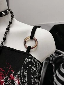 SHEIN Unity Camiseta de mujer con cuello asimétrico, ajustada, con pliegues y estampado de color contrastante en el hombro oblicuo - Negro - Ver 6