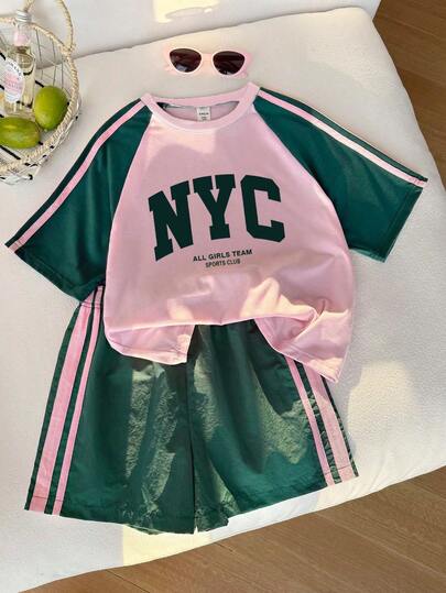 SHEIN Mädchen (Große Größen) Farbblock Kurzarm T-Shirt und Shorts Set, Sportlicher Stil, Pink und Dunkelgrün, Locker und eng anliegendes Design, leichter Stoff, geeignet für den täglichen Gebrauch, Lässig oder Sport