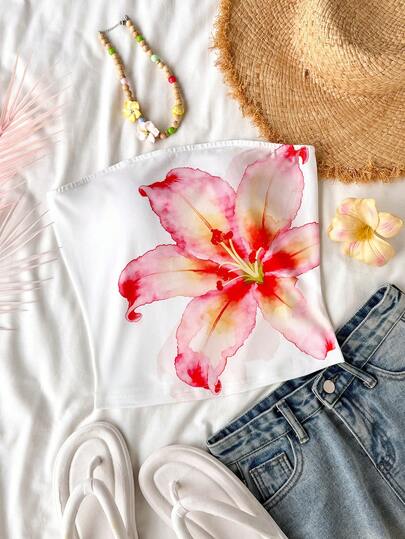 SHEIN 1件少女时尚印花无袖露脐上衣，性感收腰吊带背心，适合日常穿着，春夏款