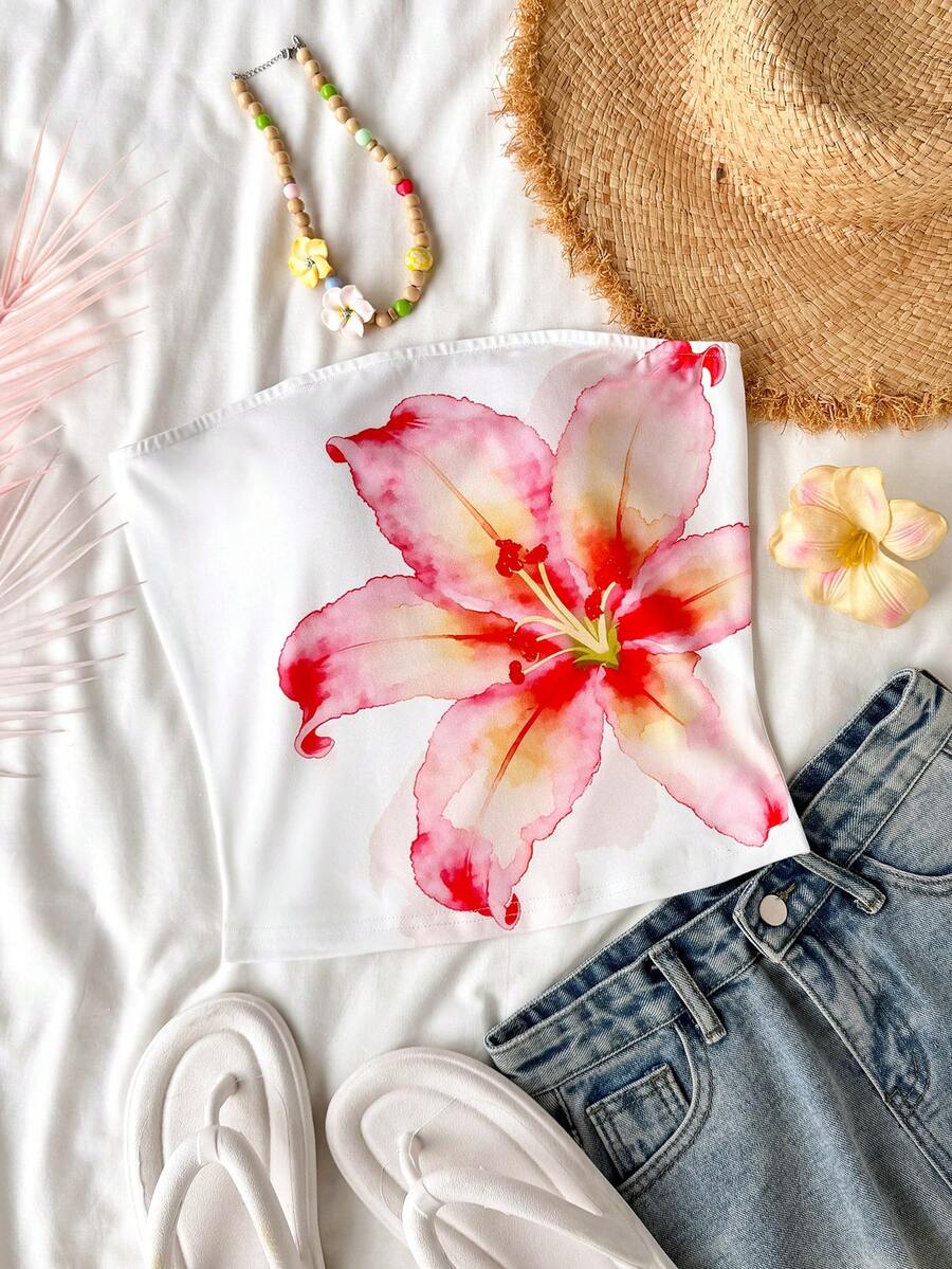 SHEIN 1pc Teen Girls' Fashionable Floral Print Sleeveless Crop Top, Waist Cinched Camisole Suitable For Daily Wear, Spring/Summer Beach Vacation White Cute - White - View 1