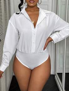 Airaco 女士休闲宽松开襟长袖衬衫连体裤 - 白色 - 查看 3