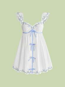 ROMWE Avant Vestido mini con mangas cortas y bordado floral de estilo francés de vacaciones de primavera/verano para mujeres - Multicolor - Ver 3