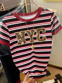 Resyla 女士字母条纹休闲百搭圆领短袖T恤 - 彩色 - 查看 3