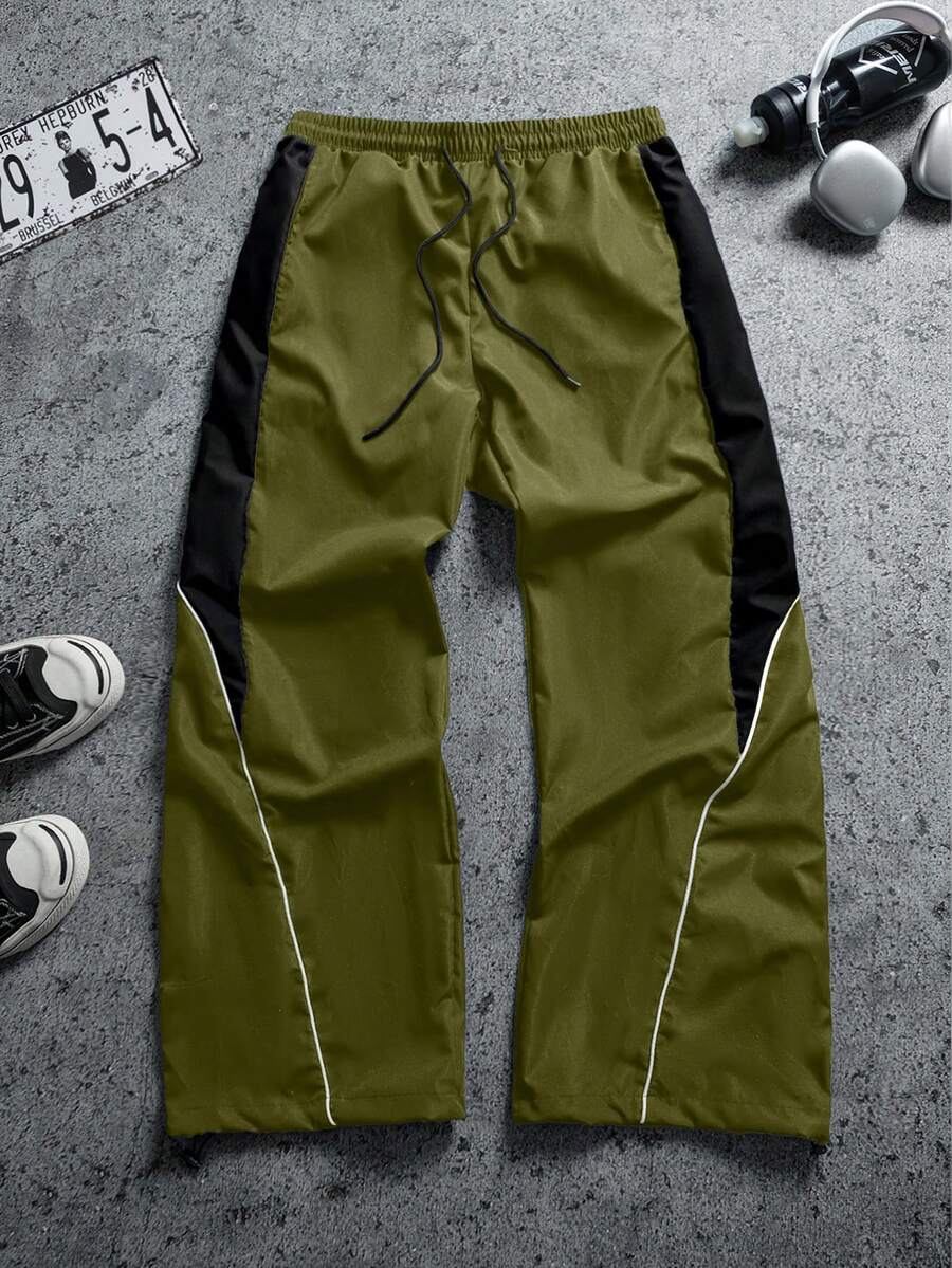 Sport MetroGents 男士休闲舒适百搭直筒拼接运动裤 - 軍綠色 - 查看 1