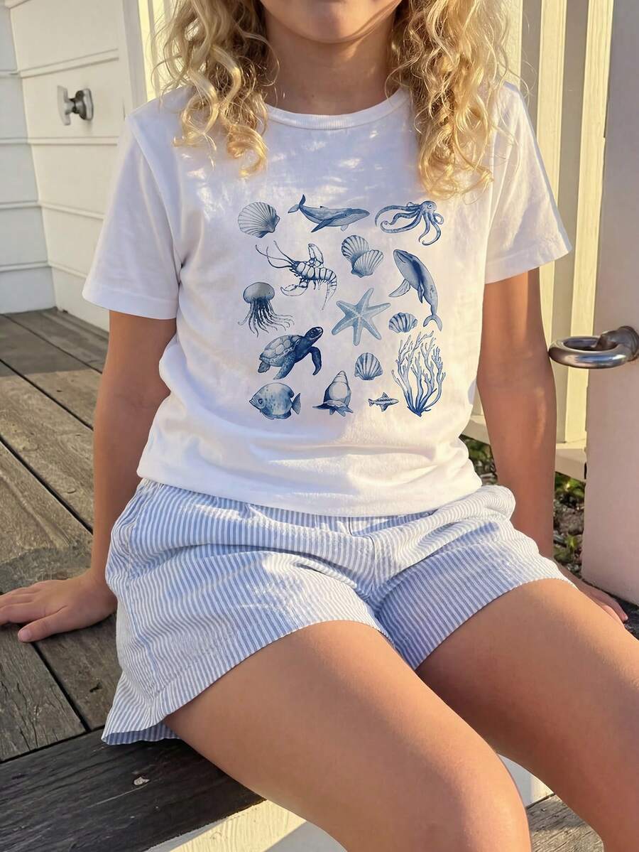 2件套女童（加大码）T恤套装，可爱欧式设计，黑白条纹针织经典元素，蝴蝶结装饰荷叶边下摆，圆领短袖上衣搭配宽松短裤，适合日常出行、聚会、夏季户外活动。 - 藍白色 - 查看 1