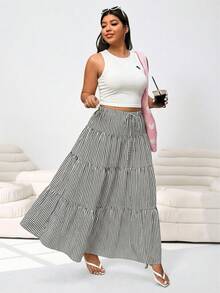 SHEIN EZwear Summer Elegant Boho Smart Casual Plus Size 2-Piece Set, Horse Embroidery Ribbed Knit Tank Top White Elastic Waist Maxi Skirt, Vacation - Multicolor - View 4