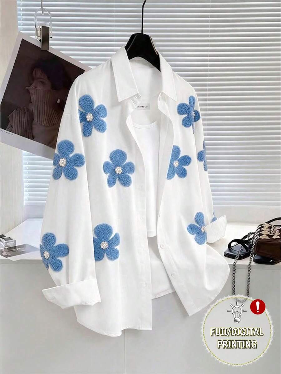 Resyla 3D Faux Pearl Flower Decor Women Long Sleeve Single-Breasted Shirt - Multicolor - View 1