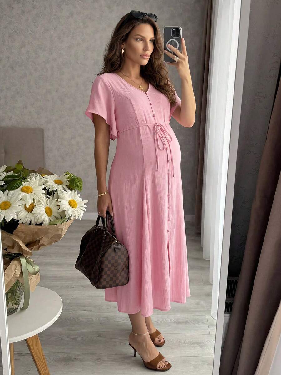 MaterniWear 孕妇夏季休闲度假纯色V领开衩荷叶袖系带连衣裙 - 粉色 - 查看 1