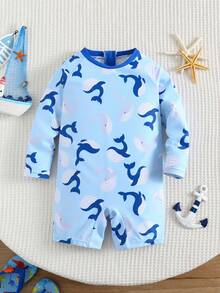 SHEIN Baby Boy/Girl Comfortable Cute Whale Print Striped Long Sleeve Cover Up Swimsuit, Suitable For Outdoor, Vacation, Swimming, Hot Spring, Beach Cover-Up, Spring/Summer Baby Swimwear Baby Beach Wear Toddler Swim Wear - Multicolor - View 9