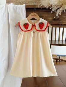 SHEIN Vintaside Kids Young Girl' Casual Fresh Cute Countryside Style Knitted Strawberry Shell Trim Square Collar Strawberry Button Textured Fabric Dress, Suitable For Daily, Vacation & Outing, Spring/Summer - Apricot - View 3
