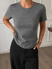 DAZY Women's Round Neck Solid Color Basic White Short Sleeve T-Shirt, Spring/Summer - Dark Grey - View 5
