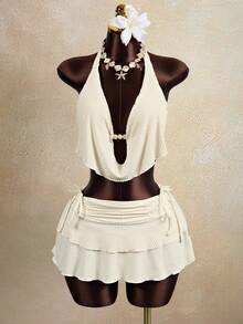 Zestiva Conjunto de 3 piezas de traje de baño de verano para mujer, top con cuello anudado con cuentas emparejado con falda de baño de múltiples capas tipo pastel - Albaricoque - Ver 1