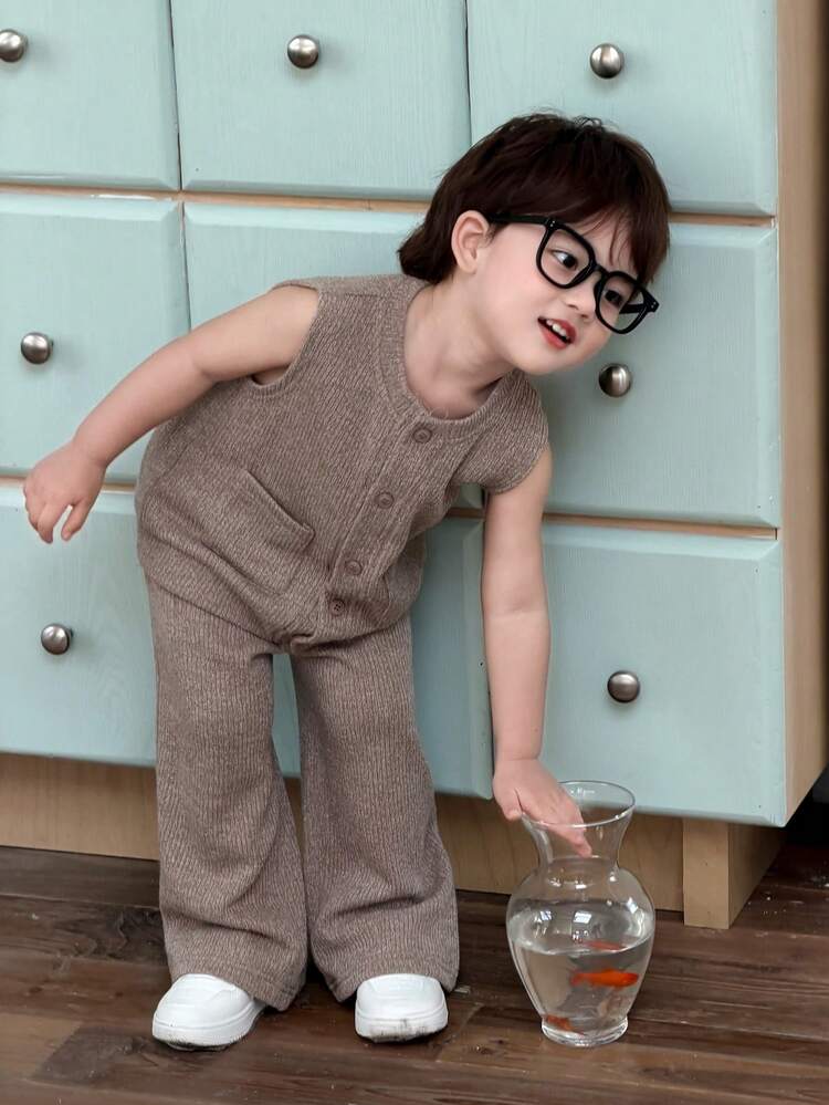 Baby Boy Solid Color Single-Breasted Sleeveless T-Shirt And Pants Casual Daily Outfit