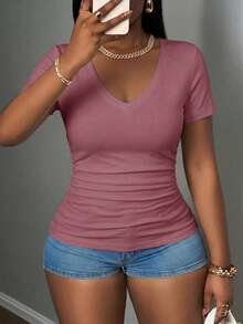 Slaydiva Casual Solid Light Pink V-Neck T-Shirt, Suitable For Spring & Summer, Plus Size - Dusty Pink - View 6