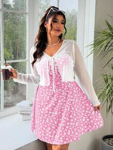 Solflare Conjunto de 2 piezas: Cárdigan blanco transparente de manga larga talla grande + Vestido de tirantes con estampado floral rosa - Rosa - Ver 6