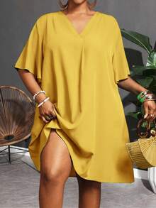 Slaydiva Nuevo vestido casual/de negocios casual elegante de Pascua/Occidental para mujer con mangas cortas, cuello en V de gasa, mangas sueltas con volantes - Amarillo - Ver 11