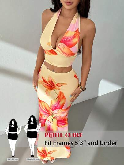 SHEIN PETITE CURVE New Plus Size Women's Petite Girls Women Floral Print Halter Crop Top And Mermaid Hem Skirt Sexy 2 Piece Set, Summer,Makes You Look Slimmer , Petite Women Set ,Suitable For Petite Women.High-Waisted Makes You Look Slimmer And Your Legs Longer, Suitable For Petite Women.Suitable For All Seasons And Occasion,Suitable For Petite Girls& Women, Summer Tank Top,Summer Summer Tank Top Summer Outfits Summer Holiday Outfits Long Summer Tank Top For Women Spring Outfit ,Tank Top,Casual Tank Top,High-Waisted Slimming Tank Top For Summer,Elegant Women's Ceremony Sets ,Elegant Set For Party,Elegant Set For Ladies,Vacation Outfits Women,Holiday Outfits For Women,Summer Holiday Outfits,Summer Vacation Outfits,Carnival Carnival Costume Carnival Women Look 2026 2026 Carnival Women Carnival Clothes Carnival Costume Women