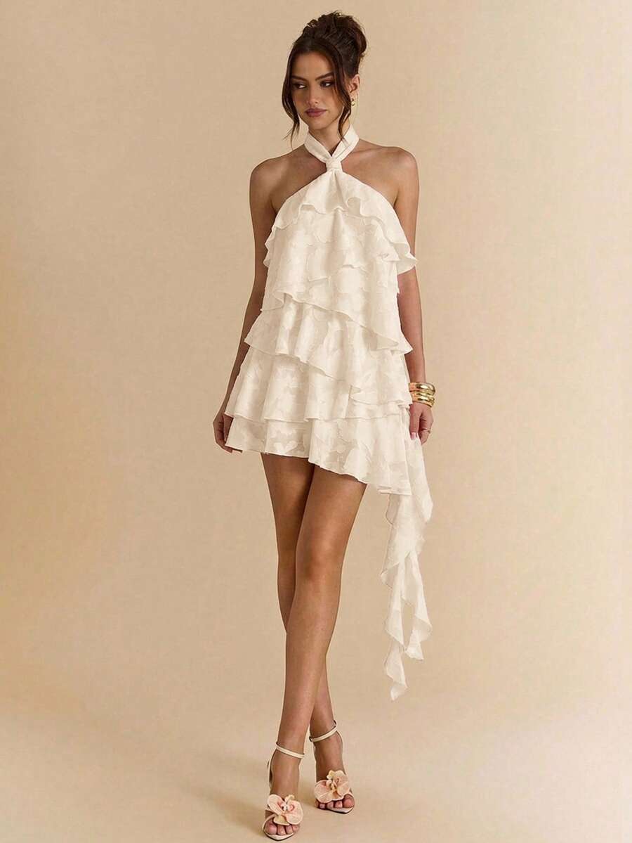 SHEIN BAE Đầm mùa xuân/hè màu hồng trơn họa tiết hoa jacquard, cổ yếm, vạt xếp ly bất đối xứng, thanh lịch và gợi cảm, thích hợp cho tiệc tùng, kỳ nghỉ, tiệc chiêu đãi, đám cưới, đi chơi tối, hẹn hò lãng mạn. - Màu be - Xem 1