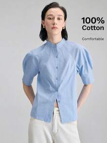 Ontre 2026春夏新款女士衬衫，梭织面料，花瓣袖，纽扣前襟，宽松版型，适合独立日、优雅办公装、教师装、休闲外出、下午茶、都市时尚、百搭通勤衬衫 - 藍色 - 查看 3