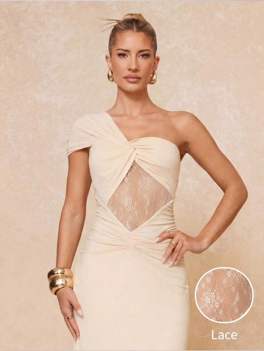 Lumalex Đầm ôm sát eo bằng vải lưới xuyên thấu ren, không đối xứng, lệch vai, xoắn nhẹ, mềm mại và thoải mái dành cho nữ.