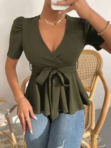EMERY ROSE Summer Casual Solid Color Puff Sleeve T-Shirt With Belt Date Army Green - Army Green - View 3