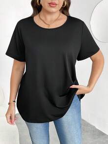Enliva Plus Size Casual Basic Casual Crew Neck Short Sleeve Knitted T-Shirt Office Black Summer, For Apple And Rounded Body Shape - Black - View 4