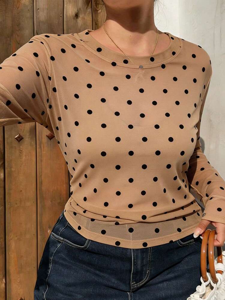 Dazy Plus Plus Size Women's Casual Beach Vacation Polka Dot Print Ruched Fitted Semi-Sheer T-Shirt, Suitable For Spring, Summer And Autumn