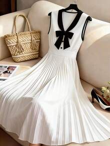 GlowEve Vestido formal ligero con pliegues, decoración de lazo y bloqueo de color elegante y de moda para mujer - Blanco - Ver 4