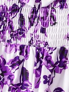 Sparklyn Girls' Allover Print Jumpsuit With Square Collar And Puff Sleeves, Summer Vacation Style - Purple - View 8