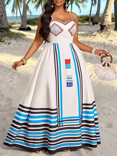 SOLERSUN Plus Women's Fashionable Vacation Sundress, Loose A-Line Silhouette, Striped Print, Pattern, Bohemian Style. Suitable For Wedding Season, Holiday Dresses, Graduation Season, Valentine's Day, Parties, And Other Occasions. Spring/Summer Dress.