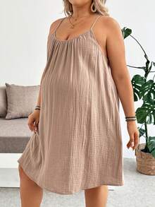SHEIN Plus Size Maternity Solid Color Ruched Casual Vacation Sleeveless Dress Summer Dresses Vacation Outfits - Khaki - View 5