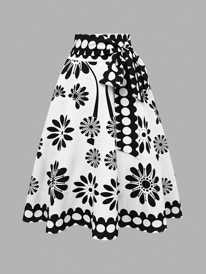 GlowEve CURVE Plus Size Women's Black & White Floral Print Elegant A-Line Skirt, Elastic Waist High Tolerance, Suitable For Work And Casual Wear