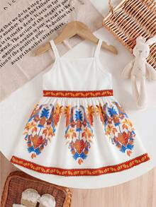 Vestido casual de tirantes con estampado para niñas pequeñas en vacaciones de verano - Blanco - Ver 6