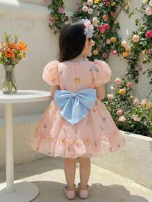 Glamorique Kids Vestido Floral Bordado Colorido para Meninas, Manga Curta com Pétalas, Vestido de Princesa Elegante, Roupa de Festa Infantil Adequada para Férias, Casamento, Festa, Decorado com Laço nas Costas - Rosa chiclete - Visão 9