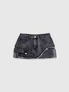 ROMWE Y2K Asymmetrical Distressed Sexy Denim Mini Skirt For Women - Dark Grey - View 2