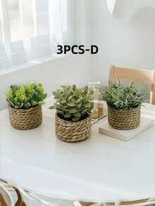 1PC 3PCS Artificial Woven Rattan Potted Plant - PE Polyester Fiber Desktop Party Kitchen Garden Decor Christmas Holiday Gift - Green - View 3