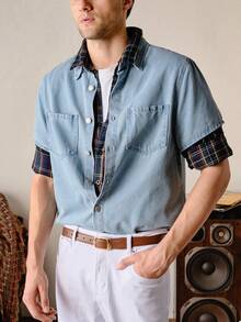 VeloEdit 男士棉质口袋贴布牛仔衬衫（不含 T 恤），街头潮流必备单品 - 淺色水洗藍 - 查看 5