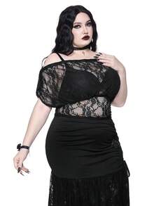 ROMWE Goth 哥特式蕾丝面料肩部纽扣装饰大码女式上衣，不含胸罩。 - 黑色 - 查看 5