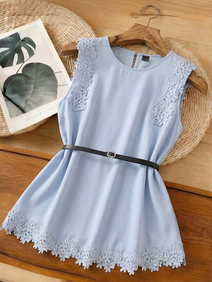 Modelyn Women's Elegant Sexy Vacation Style Solid Color Splicing Water-Soluble Lace Loose Tank Top With Belt, Summer Golf Pastal - Blue - View 1