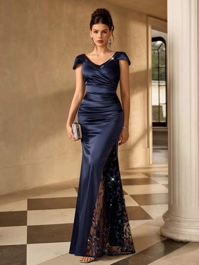 Coutiva Đầm dành cho mẹ cô dâu, màu trơn, xếp ly, xẻ tà, thanh lịch, ôm eo.