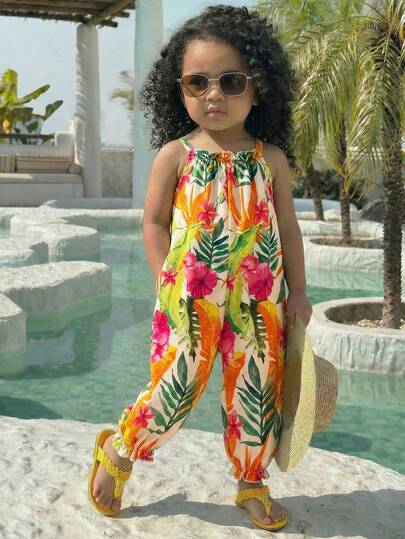 SHEIN Baby Girls' Tropical Floral Print Spaghetti Strap Romper, Summer Lightweight Infant Vacation Style Drawstring Pants, Fashionable Beach Holiday Toddler Outfit