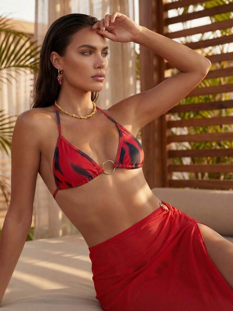 Women's Summer Beach Color Block Halter Tie Sexy Bikini And Triangle Panty Swimwear Set With Skirt