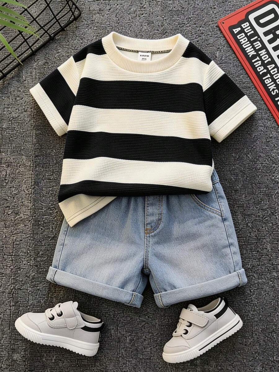 SHEIN Bộ đồ 2 món cho bé trai, gồm áo thun ngắn tay kẻ sọc đen trắng dễ thương và quần short denim, thích hợp cho mùa xuân/hè. - Đen và trắng - Xem 1